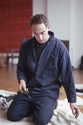 Derek Jarman painting at Richard Salmon's studios, South Edwardes Square, 1992