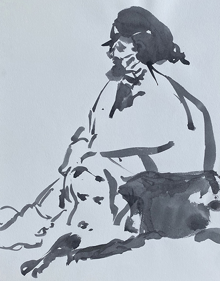 Woman with dog, Chinese ink on paper